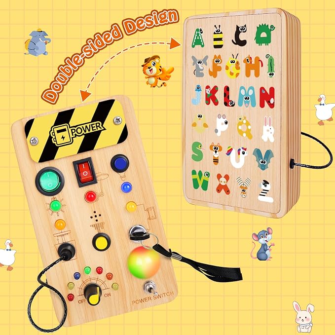 TINTECUSA Busy Board Montessori Toys for Toddler, Wooden Sensory Board Switch Toy with Color-Changing LED Light Up Travel Toys Educational Plane Travel Activity for 1-6 Year Old Girls & Boys Gifts