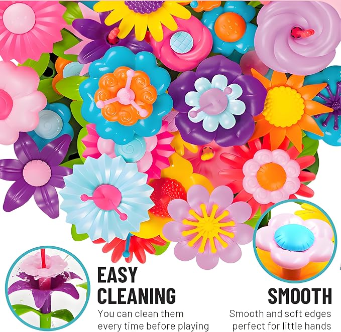 FUNZBO Girl Flower Garden Building Toys Set - Birthday Gifts for Age 3 4 5 6 7 8 Years Old Girls, STEM Montessori Educational Toy for Toddler Kids, Sorting & Stacking Spring Gardening Set