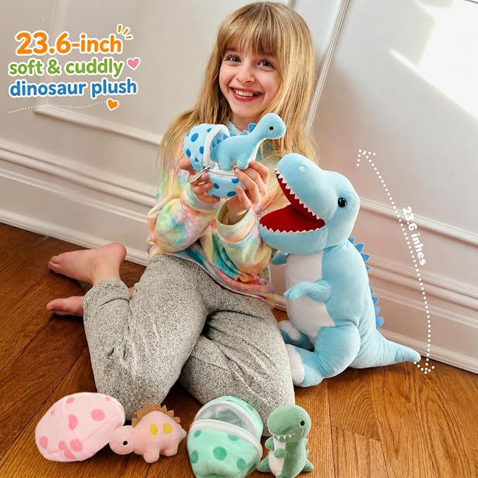 MorisMos Dinosaur Stuffed Animal with Babies,23.6'' Big Mommy Stuffed Dino T-rex with 3 Baby Dino Stuffed Toys & 3 Eggs Plush Inside Belly, Boy Girl Dinosaur Toys for Kid 3-5,Blue T-rex Toys Gift