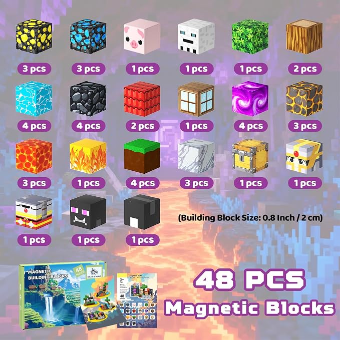 Magnetic Blocks, 48PCS Magnetic Tiles Building Blocks, Magnet Cubes STEM Sensory Game Toys Christmas Birthday Gifts for Kids Girls Boys Age 3+ (Forest Lava)