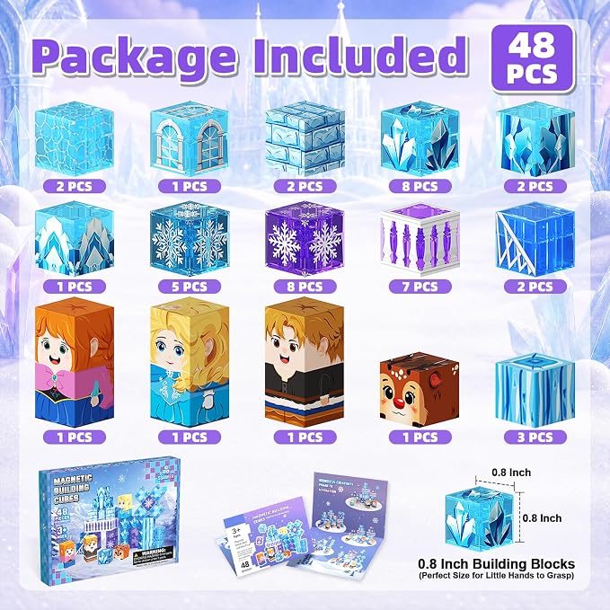 Magnetic Blocks, 48PCS Magnetic Building Cube Set for Kids Ages 3+, Constructions STEM Stacking Tiles Toy Building Birthday Gifts for Girls