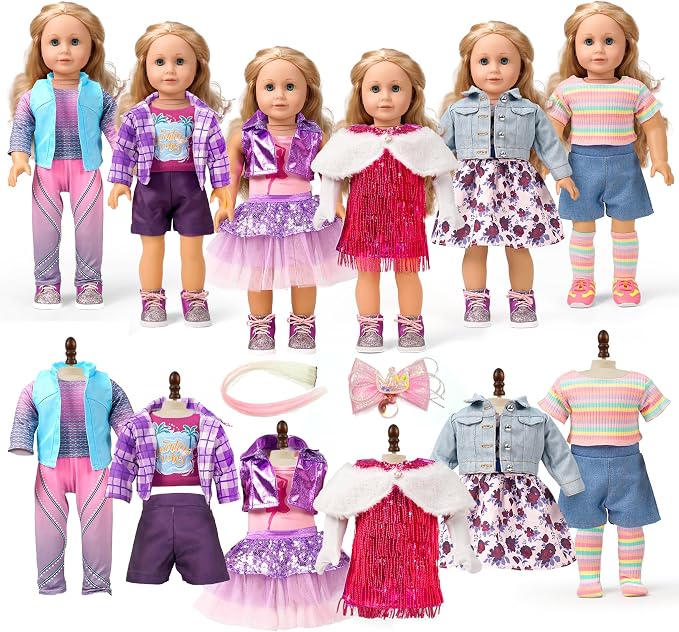 18-Inch American Doll Clothes Accessories - 19Pcs Fashion 18 Inch Doll Outfit Set for Girls Gifts, Includes 3 Dresses, Lounge Suit, Workout & Yoga Sets and Accessories for 18 Inch Dolls