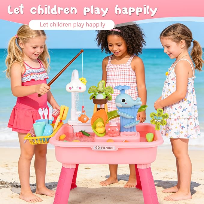 Upgraded Toddler Sand Water Table Toy with Electric Water Pump, Kids Sand Water with Faucet/Play Food Accessories/Fishing Toy, Kitchen Play Sink Toys for Girl Boy Age 3+ (Pink)