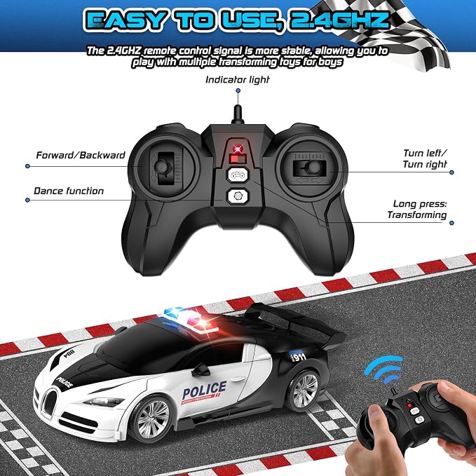 Remote Control Car, One-Click Becoming Robot Transforming Toys Car for Boys, Smooth Deformation, Demo Mode, 360° Rotation, Easy to Use, 2.4GHZ, LED Light, RC Cars for Christmas, Kids, White