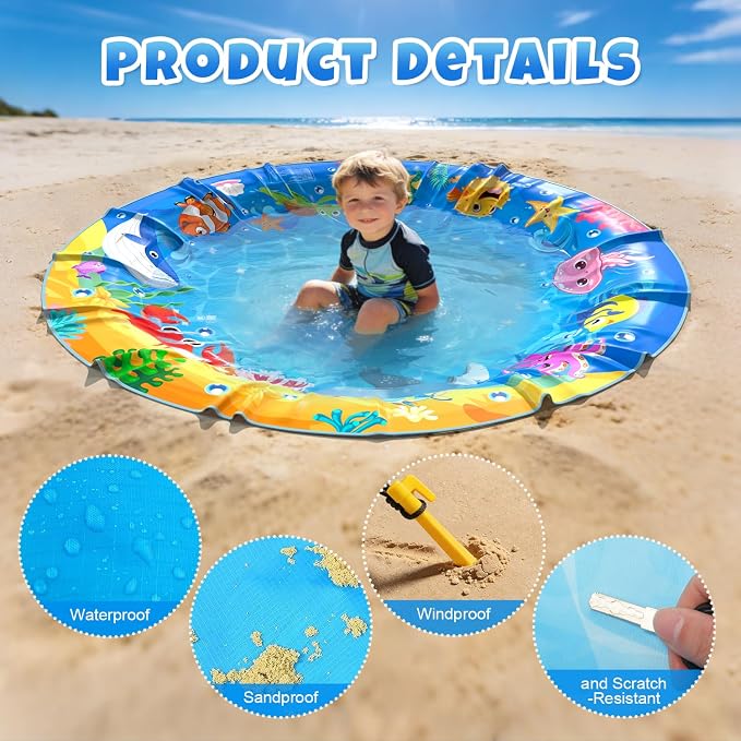 4.9 X 4.9 Feet Baby Beach Pool, Waterproof Beach Pool Blanket for Toddler, 2 in 1 Toddler Paddling Pool with Carrying Bag, Collapsible Beach Puddle Mat for Boys Girls Kids Infant Outdoor Beach Toys