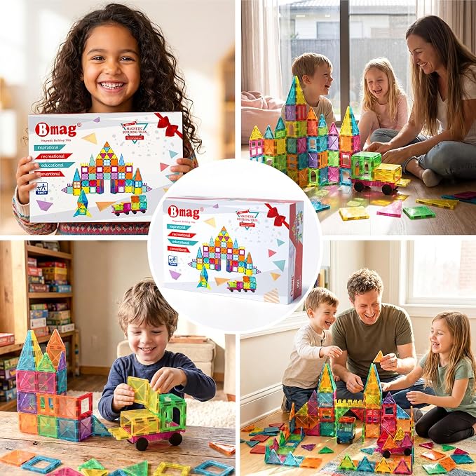 Bmag 100PCS Magnet Building Blocks with 2 Cars for Kids, Magnetic Tiles Stacking Building Set for Boys Girls, STEM Preschool Educational Learning Construction Toy