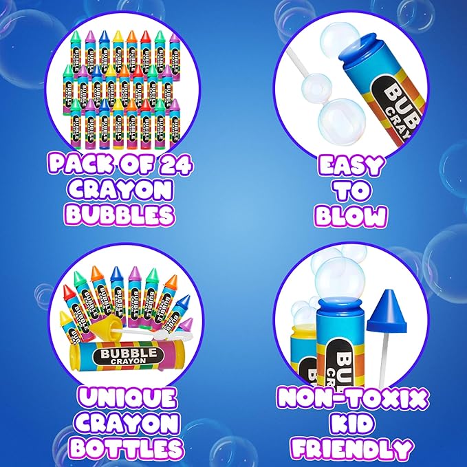 Mini Crayon Bubbles for Kids - (Pack of 24) Bulk 1 Fl Oz Bottles w/Wands - Crayon Shape Bubbles in Bright Colors - Non-Toxic Party Favor Toys, Goodie Bags for Spring & Summer