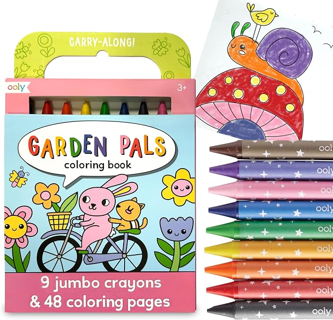 Ooly Kids Travel Activity Kit – 9 Jumbo Crayons & 48 Coloring Pages, Car Crafts for Kids, Mess-Free Road Trip Art Set, Airplane Activities – Garden Pals