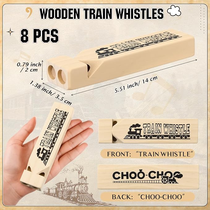 Chicingyou 8 Set Wooden Train Whistle Train Conductor Costume Choochoo Hat Dress up Kit Wood Choochoo Whistles Birthday Decorations Favors Noisemakers Goodie Bag Filler (Blue)