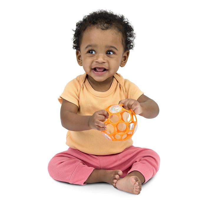 Bright Starts Oball Rattle Ball, Easy-Grasp Infant Rattle with Finger Holes, Orange, 0-36 Months