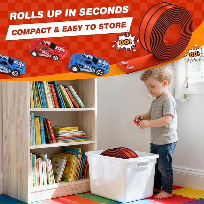 TAEMVV 15 Ft Dual Flexible Race Track for Kids, DIY Ramps Car Track Set Compatible with Hot Wheels 1/64 Diecast Cars, Reinforced Suction Cup for Boys Girls 3+, Red&Black