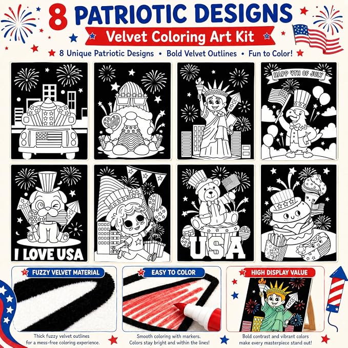 Cinrobiye 48 Pcs 4th of July Crafts, Patriotic Velvet Coloring Posters Bulk, Red White and Blue Craft Kit, Independence Day Coloring Activities for Kids, Seniors, Classroom, Party and Group Events