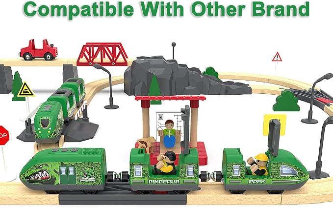 Dinosaur Train for Kids 3-5 – Battery Operated Bullet Train with Opening Doors & DIY Stickers, 3-Car Electric Railway Set Compatible with Thomas & Brio