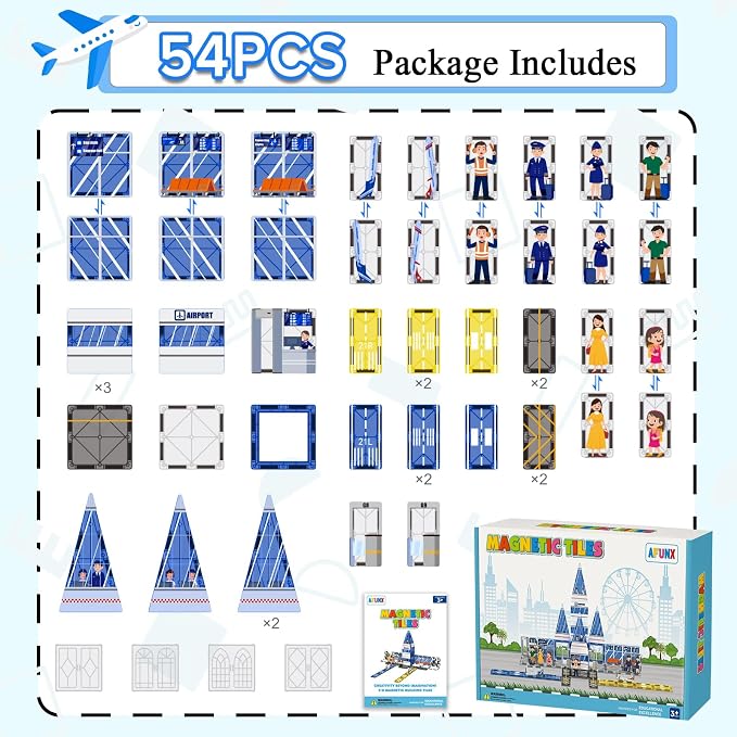 AFUNX Magnetic Tiles, 54PCS Airport Theme Building Blocks Set, Magnet Building Blocks and STEM Preschool Educational Toys for Kids Toddlers Ages 3-5 5-7 8-10
