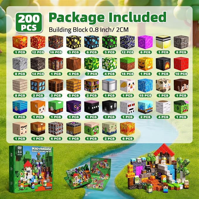 200PCS Magnetic Blocks, Magnetic Building Cube Set for Kids Ages 3+, Constructions STEM Stacking Tiles Toy Building Birthday Gifts for Boys Girls