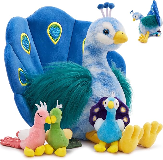 MorisMos Plush Peacock Stuffed Animal with 3 Baby Bird Plush Toys,18''Mommy Peacock Toys for Girl Boy Kid,Realistic Bird Stuffed Animals Gift for Birthday Decor Baby Shower Christmas,CE/CPC Certified