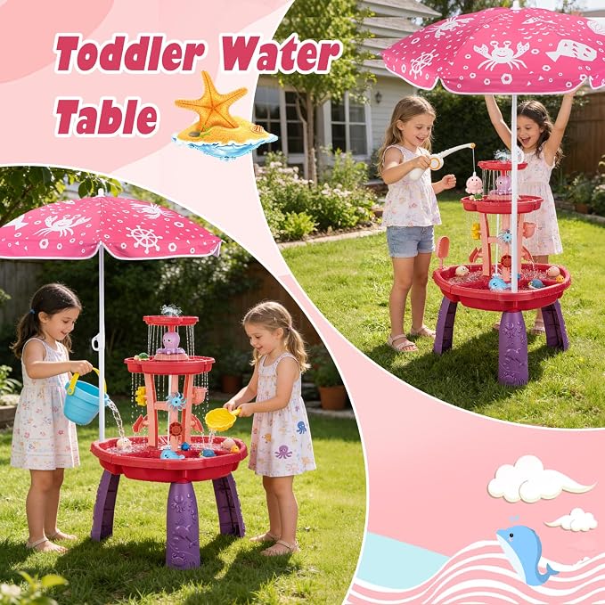 VROGTIK Water Table for Toddlers with Water Pump and Fishing Game Set 3-Tier Kids Sand Water Table with Umbrella Sensory Outdoor Toys for Kids Ages 3-8 Outside Toys Backyard Toddler Girl Toys