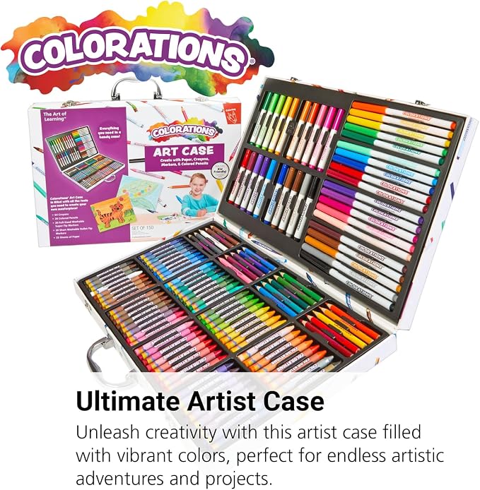 Colorations - Creative Artist Case - 150 pcs - Markers, Crayons, Colored Pencils, Paper, Art Set for Kids, Coloring Kit, Washable