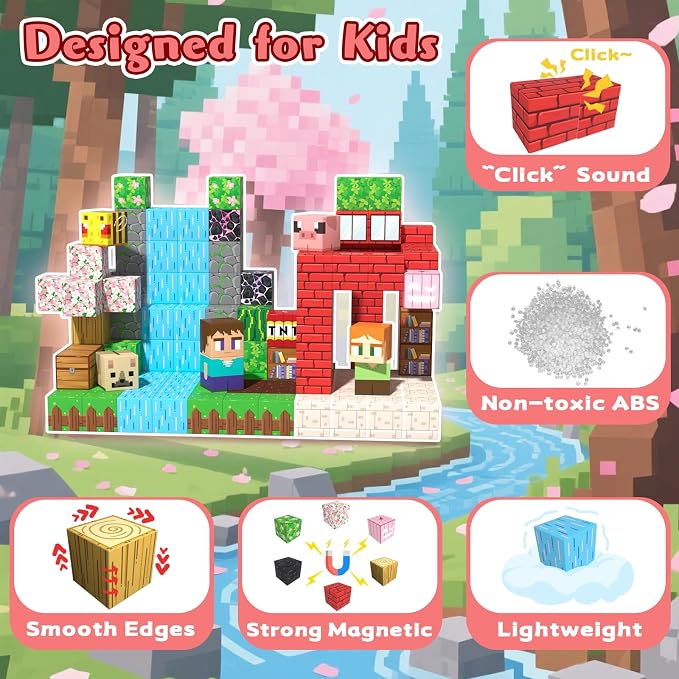 Magnetic Blocks, 208PCS Magnetic Building Blocks, Stacking Magnets for Kids, Sensory Toy for STEM Constructions Magnet Blocks for Boys Girls Age 3+, Christmas Birthday Gifts (Sakura Forest)