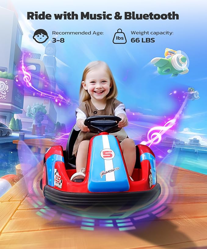 ELEMARA Kids Bumper Car with Big Wheel, 12V Toddler Bumper Cars with Remote, 2.2 Mph Max, Baby Bumping Toy Car with DIY Stickers,360 Degree-Spin, Bluetooth, Music,LED Lights, Deep Red