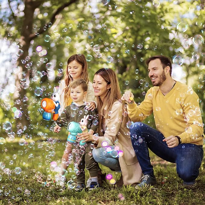 IFLOVE 2-Pack Rabbit Bubble Machine for Kids, Automatic Bubble Gun Ages 3-8 | Bunny & Easter egg design, 12 outlets blow 5,000+ bubbles; 10 solution packs; summer outdoor toy; needs 4 AA batteries