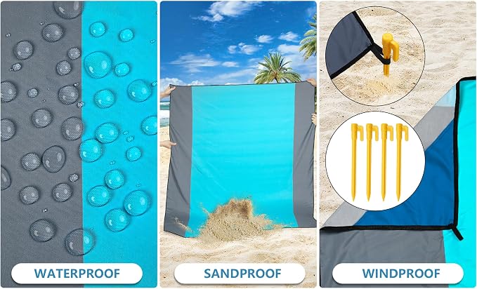 WIWIGO Beach Blanket Waterproof Sandproof Beach Mat 79" X 83"/10'x9'for 2-8 Adults Quick Drying Outdoor Picnic Mat Beach Accessories for Travel, Camping, Hiking