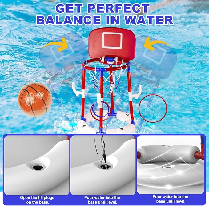 2-in-1 Floating Pool Basketball Hoop, Stable Water Basketball Hoop with Backboard, Basketball Hoop & Ring Toss Pool Games, Summer Fun & Outdoor Family Birthday Pool Toys for Kids & Adults