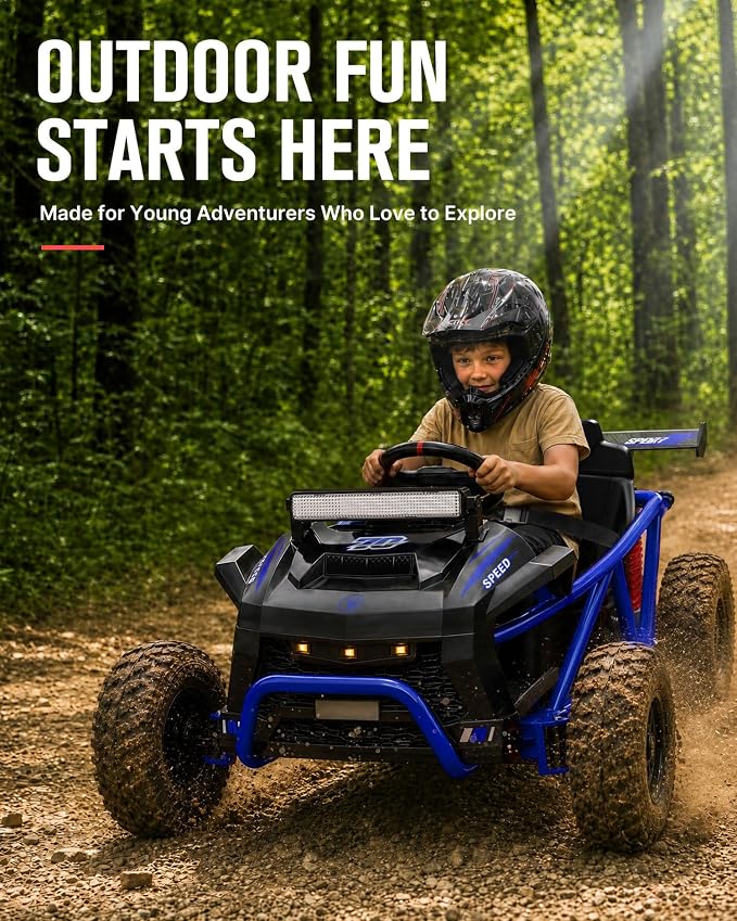First Ride On 36V Kids Off-Road Go Kart, 400W Electric Ride-On Car for Ages 6+, Up to 9.3 MPH, EVA Tires, Metal Frame, Hall Throttle, Electronic Brake, Adjustable Seat, Bluetooth (Blue)