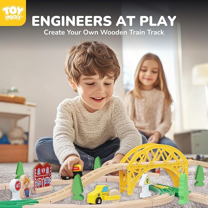 TOY Life Wooden Train Set 60pcs with Magnetic Crane, Wooden Train Tracks Toys for Toddlers Boys Girls 3 4 5, 3 Year Old Boy Gift, Wood Toys Toddler Train for Kids 4-8 - Fits Thomas Brio Chuggington