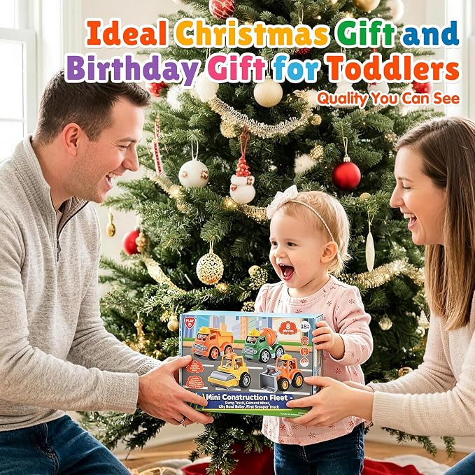 PLAY Recyclable 4 Pcs Construction Truck Toys with 4 Figures for Kids Ages 2 3 4 5 – Dump Truck Vehicle Toy Set, Non-Toxic Toy Car Gift for Toddler Boys and Girls