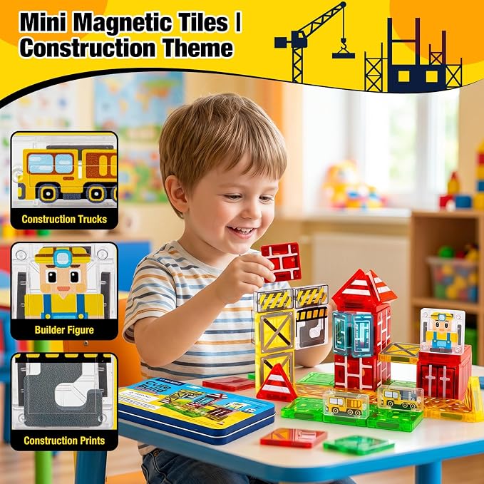 42PCS Mini Construction Magnetic Tiles Travel Set, Portable STEM Blocks with Metal Case, Montessori Educational Sensory Gifts for 3–5 Year-Old Boys
