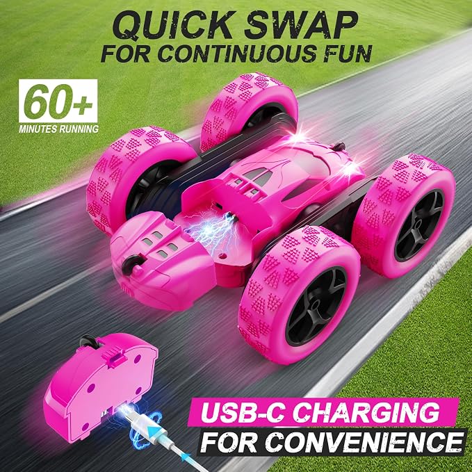 QUNREDA RC Cars, Rose Remote Control Car for Girls, 2.4 GHZ Double Sided RC Stunt Car 360° Rotating Remote Control Crawler with Headlights Car Toys for 6 7 8 9 10 11 12 Girls Birthday Gift