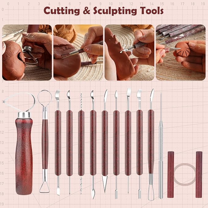 34PCS Clay Tools Sculpting Set, Pottery Tools and Supplies, Ceramic Polymer Tools Kit for Carving, Shaping, Dotting, Molding, Modeling, Pottery Kiln, Pottery Wheel, Air Dry Clay, Crafting Supplies