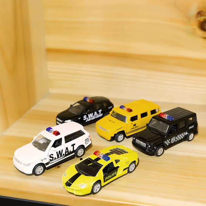 KIDAMI Die Cast Metal Toy Cars Set of 5, Small Cop Openable Doors Pull Back Car Gift Pack for Kids (Police Car)