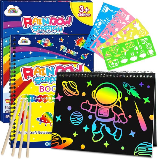 ZMLM Scratch Paper Art-Crafts Gift: 2 Pack Rainbow Notebooks Supplies Toys for 3 4 5 6 7 8 9 10 Years Old Girls and Boys Kids Easter Gifts Christmas Birthday Party Games Planet