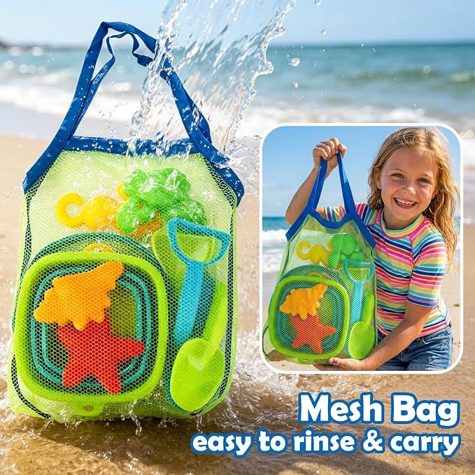 VGY Space-Saving Beach Toys for Kids,2 Collapsible Sand Buckets with Shovels,Rakes,Molds & Mesh Beach Bag,Portable Travel Sandbox Toys for Toddlers Ages 3-10