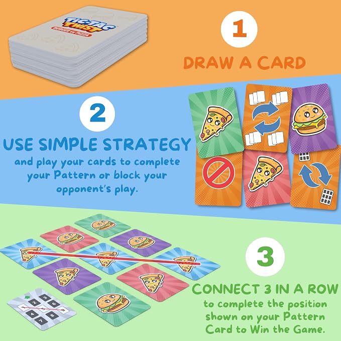 Tic Tac Twist Family Card Game for Kids, Teens & Adults | Quick & Easy Strategy Game for Game Night | Burger vs Pizza Tic Tac Toe with Fun Action Cards | Ages 8+ | 2-4 Players | 10-20 Min