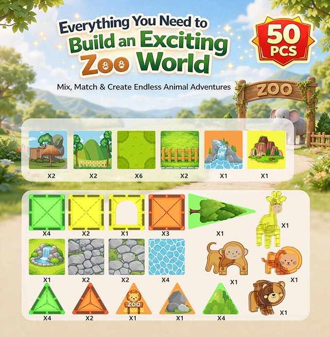 LATI Magnetic Tiles Building Set, Zoo World Animal Magnet Blocks with Giraffe, Lion & Bear, STEM Build & Play Toy for Kids Ages 3-8, Educational Gift for Boys & Girls
