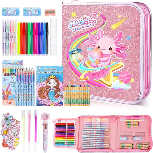 MAIGOZON Axolotl Gifts for Girls - 72 PCS Scented Markers Art Set for Kids Ages 4-8, Coloring Kit with Glitter Case, Mermaid Coloring Book & Quick-Dry Gel Pens, Birthday Christmas Gift