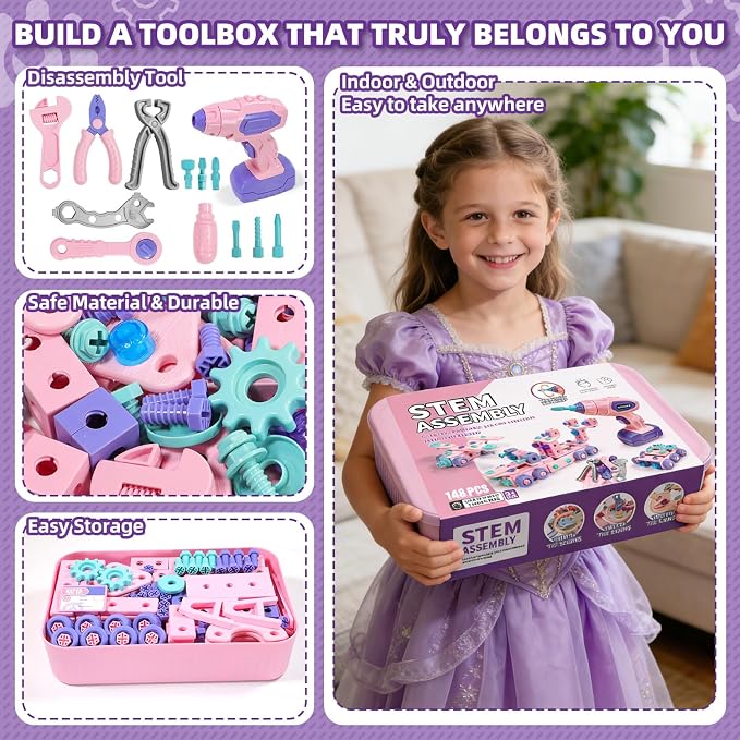 Design and Drill Toy - Toddler Tool Set with Drill & Toolbox, Create And Design Drill Kit Stem Toys for Kids Ages 3-6, Toddler Building Educational Construction Toy for 3-6 Year Old Girl (PINK)