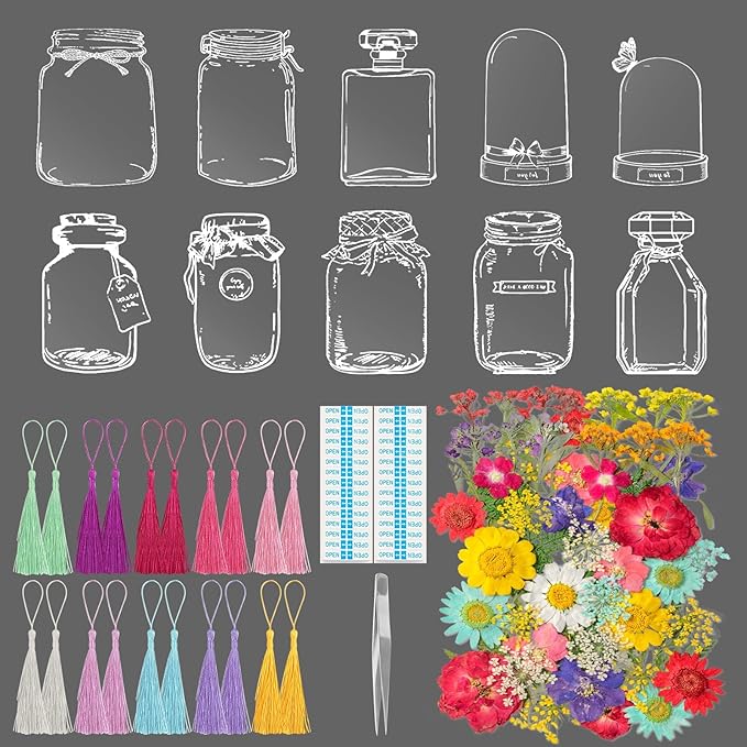 Kaluofan 103PCS Bookmark Making Kit, Transparent Flower Bookmarks, Handmade Dried Flower Bookmark Kit for School, DIY Bookmark Kit with Abundant Bottle Bookmarks Dried Flowers Tassels and Tweezer