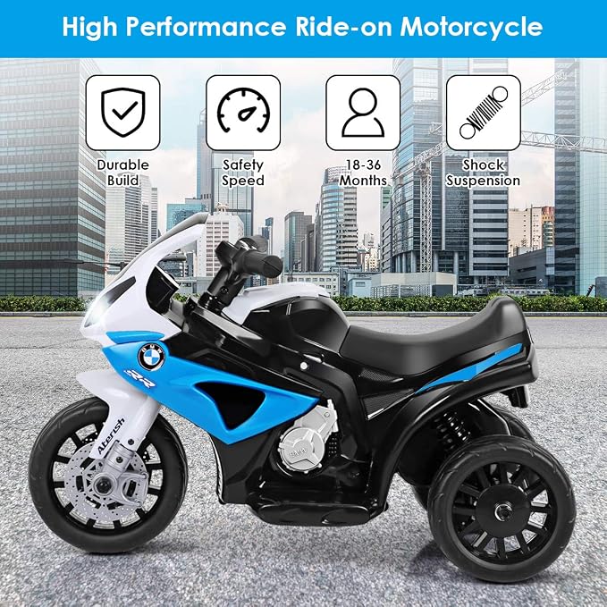 Costzon Licensed BMW Kids Electric 3-Wheel Ride-On Motorcycle Toy for Boys & Girls, with Headlights, Music and Battery Powered Pedal Kids Toddler Motorcycle