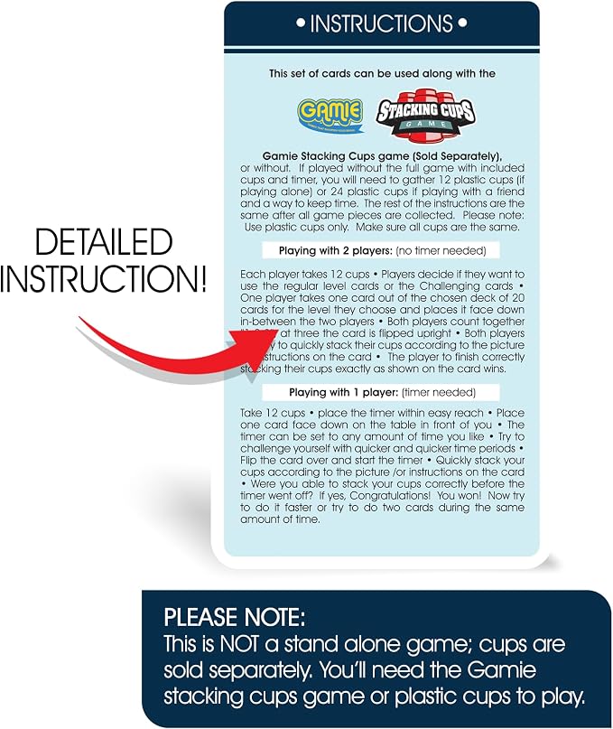 Gamie Challenge Cards for Stacking Cups Game - 40 Additional Cards With Instructions - 20 Medium and 20 High Difficulty for Next Level Fun - Cups Sold Separately
