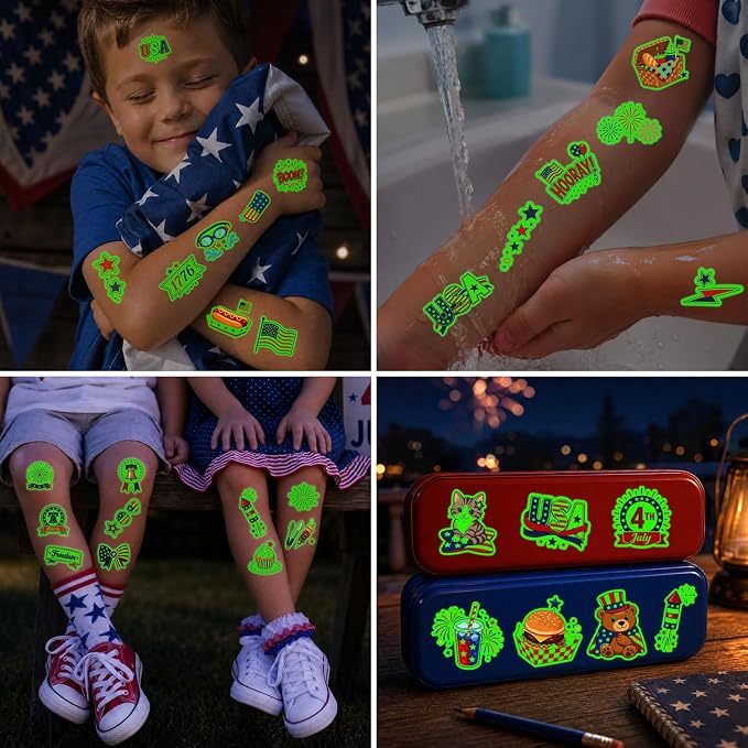 JCFIRE Luminous 4th of July Tattoos Glow in The Dark, Temporary Tattoos for Kids and Adults, 4th of July Accessories for Women Girls, Fourth of July Decorations Supplies