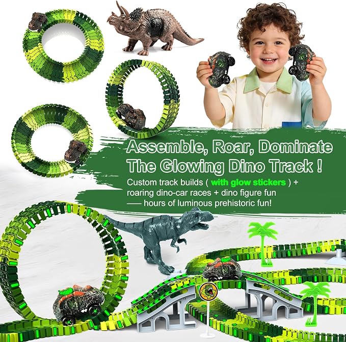 Dinosaur Toys for Kids 3-5, Glow in The Dark Flexible Train Track Playset, 2 Dinosaur Car for 3 4 5 6 7 Year & Up Old Boys & Girls Best Gift
