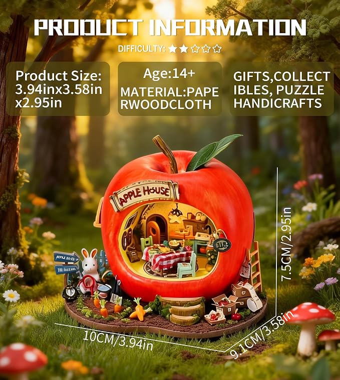 Roroom DIY Miniature House Kit, Rabbit Apple House Book Nook Kit with LED Light,3D Wooden Puzzle Miniature Dollhouse Kit for Bookshelf Decor-Creative Crafts for Family and Friends