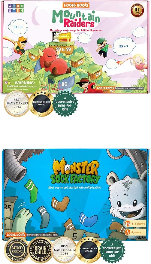 Two Math Games for Kids - Learn Addition, Subtraction, and Multiplication Table | Educational Games for Kids 5 and up for Kids (Monster Sock Factory + Moutain Raiders)