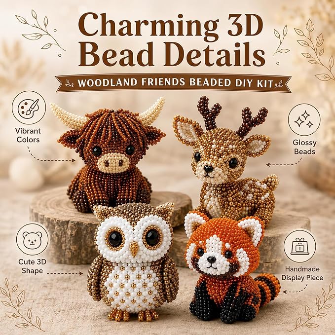 Temiaode 3D Beaded Animal Kit, 4 Pack DIY Bead Craft Set for Adults, Highland Cow Owl Red Panda Deer Beading Kit with Instructions, Creative Hobby Craft Gift for Animal Lovers