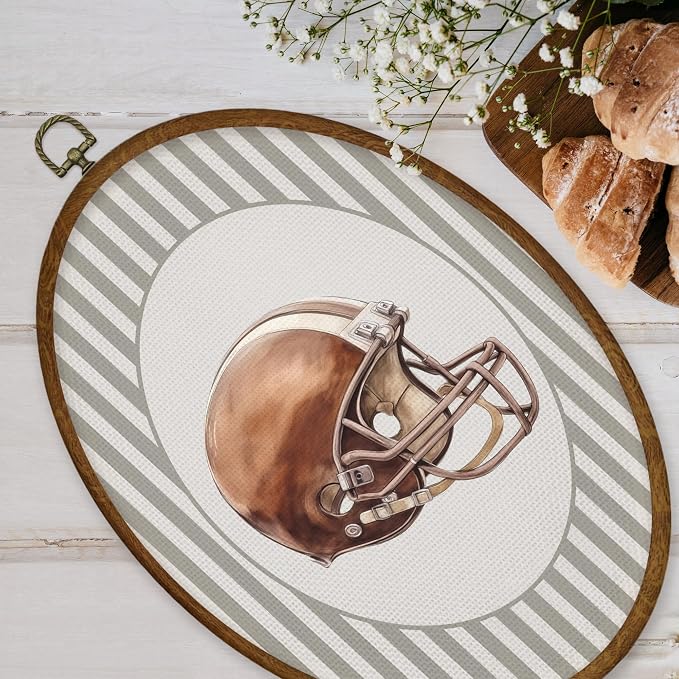WULQYING Helmet Sports Nursery Wall Art Decor, Boys Room Oval Framed Canvas Art Prints, Neutral Striped Sport Lover Gift Wall Hanging Decor for Kids Nursery Room Playroom, 8.5x11.3 Inches