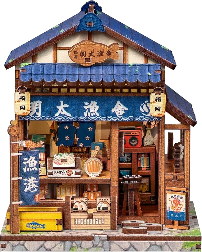 Cutefun DIY Miniature House Kit, 129 Pcs 3D Wooden Puzzle Tiny House Mini House Building Kit for Beginner & Teens, Palm-Sized Japanese Booknook Dollhouse for Bookshelf Decor (Fukuoka Mentaiko Kitchen)